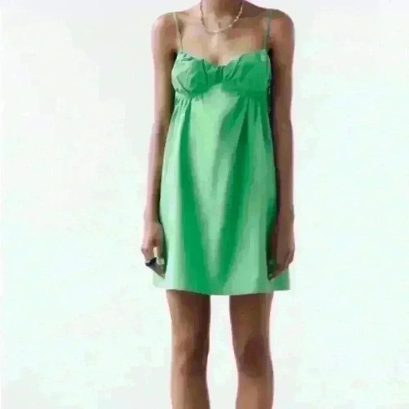 ZARA Mini Babydoll Dress Green Spaghetti Straps Cup Cotton Ruched Short Size L - Picture 7 of 13